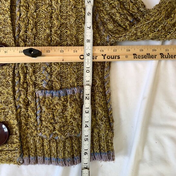 Vtg Free People Chunky Hooded Cable Knit Cardigan Sweater Wool S Green Brown - Picture 7 of 8